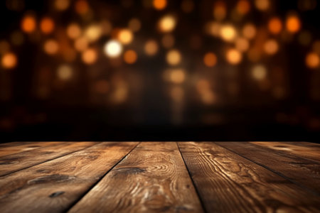 Empty wooden table and blurred background of bar with bokeh lightsの素材