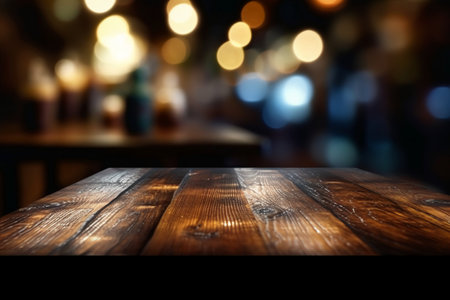 Empty wooden table and bokeh background of night club or barの素材