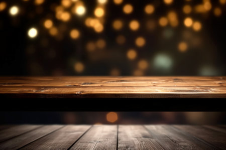 Empty wooden table and bokeh background. Ready for product display montageの素材