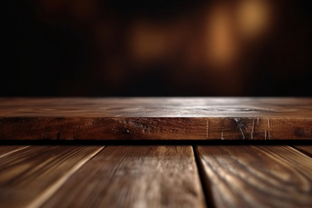 Wooden table in front of blurred background. Mock up for designの素材