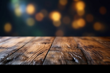 Empty wooden table in front of abstract bokeh background. Ready for product display montageの素材