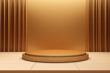 Golden podium on the background of curtains. 3d rendering, 3d illustration.の素材