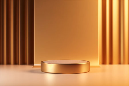 Golden podium with gold drapery on the background. 3d renderingの素材