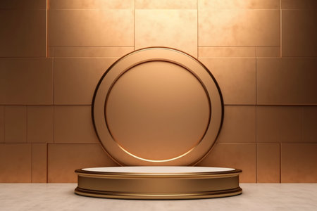 3d render of golden round podium for product presentation. Abstract background.の素材