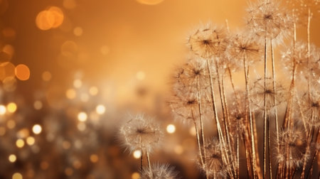 Dandelion flower with golden bokeh lights on background.の素材