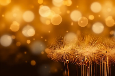 golden bokeh background with fluffy dandelion flowers.の素材