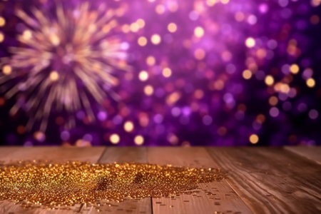 Wooden table with golden glitter and bokeh lights on backgroundの素材