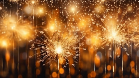 Fireworks on bokeh background with copy space. New Year celebrationの素材