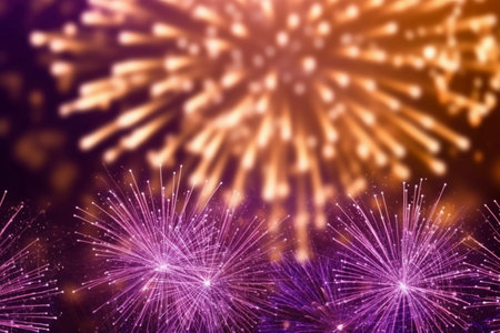 Colorful fireworks background with bokeh defocused lights and starsの素材