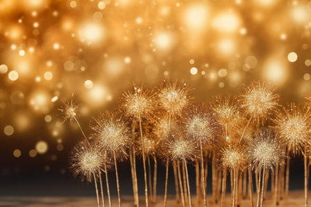 Dandelion flower on golden bokeh background. New Year and Christmas conceptの素材