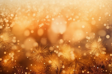 Abstract background of golden glittering bokeh lights. Christmas and New Year holidays concept.の素材