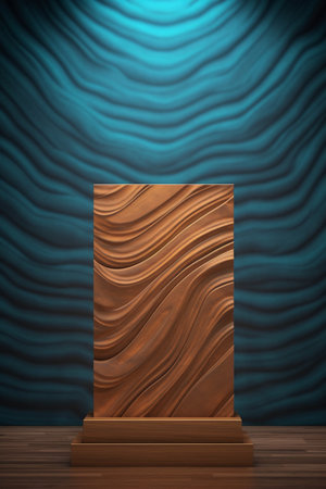 Wooden pedestal on a dark blue background. 3d renderingの素材