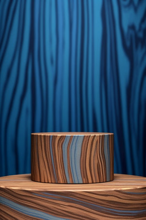 Wooden podium for product presentation on blue background. 3d renderの素材