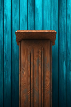 Wooden podium on blue wooden background. 3d render illustration.の素材