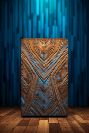3d rendering of a wooden box in a room with blue wallの素材