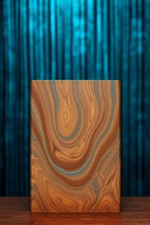 Wooden stand on a blue curtain background. 3d illustration.の素材
