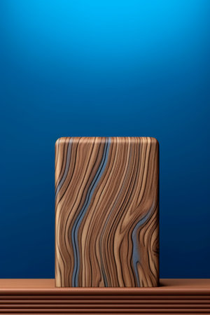 Wooden pedestal for product display on blue background. 3d renderingの素材