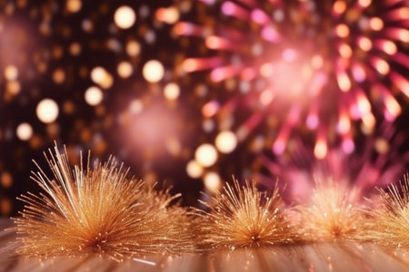 Holiday background with golden fireworks and bokeh lights. Festive background.の素材