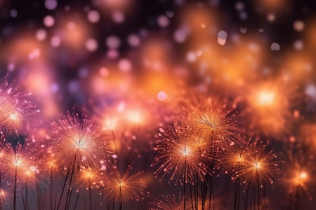 Colorful fireworks display with bokeh background at New Year celebrationの素材