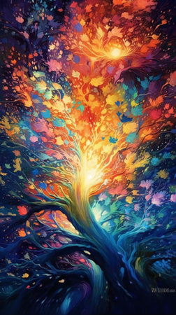 Abstract tree with autumn leaves. Colorful background. Vector illustration.の素材