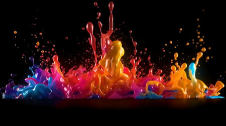 Colorful paint splashes isolated on black background. Freeze motion.の素材