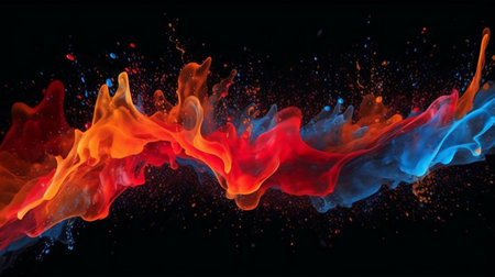 Abstract red, blue and orange paint splashes isolated on black backgroundの素材