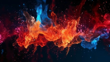 Abstract explosion of colored smoke on a dark background. 3d renderingの素材