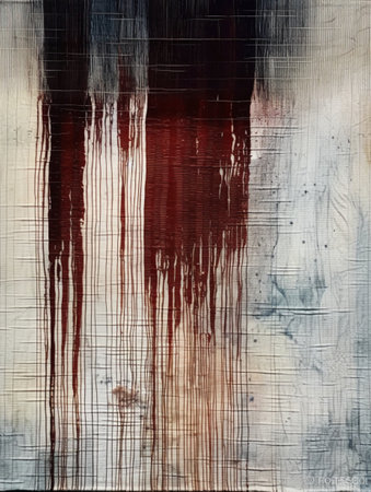 Grunge background with red, black and white stripes painted on old paperの素材