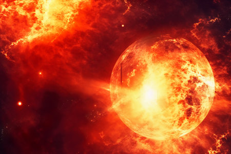 Fiery planet in space against the background of the night sky.の素材