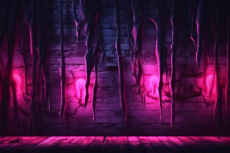 Wooden floor illuminated by pink neon light. 3D Renderingの素材