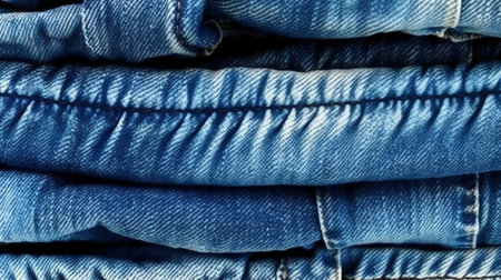 Stack of blue jeans close up. Jeans background. Denim textureの素材