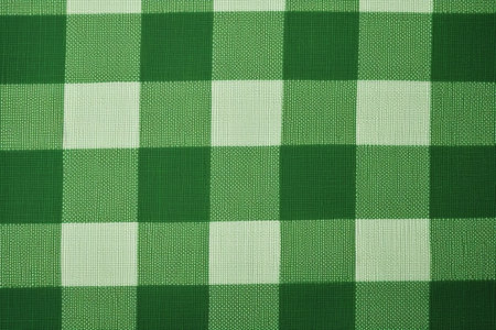 Green checkered tablecloth background. Closeup of textile texture.の素材