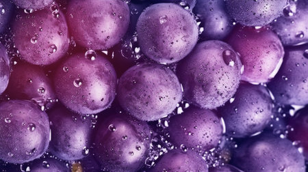 Bunch of grapes with water drops. Abstract background, top view.の素材