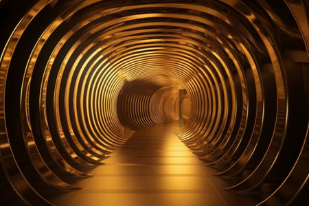 3d illustration of abstract metallic tunnel with glowing lights in the darkの素材