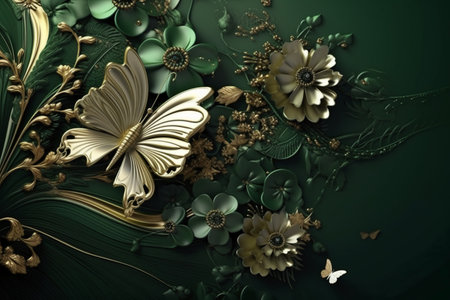 3D illustration of abstract geometric composition,flowers and butterfly,digital art works.の素材
