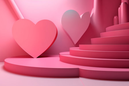 3d rendering of Valentine's Day background. Pink podium with heartsの素材