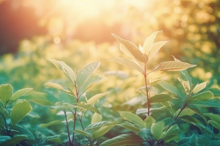 Green leaves background in morning sunlight. Nature concept. Vintage tone filter effect color style.の素材