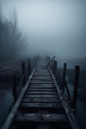Wooden bridge in the misty morning. Black and white photo.の素材