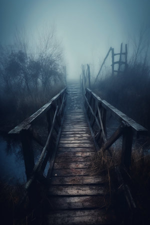 Wooden bridge over the lake in foggy morning. Toned.の素材