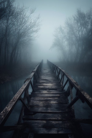Wooden bridge over the river in a misty forest. Toned.の素材