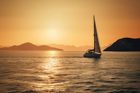 Sailing yacht at sunset on the Adriatic Sea in Croatiaの素材