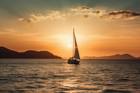 Sailing yacht at sunset on the Adriatic Sea in Montenegroの素材