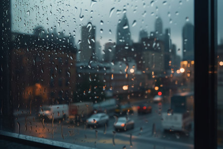 Rain drops on the window. Blurred city background. Rainy day.の素材