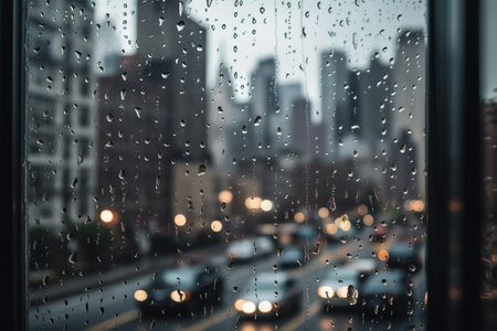 Rain drops on the window with city traffic in the background. Rainy day.の素材