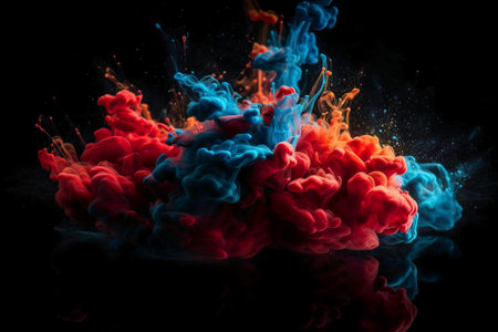 Red and blue clouds of ink in water on a black isolated backgroundの素材