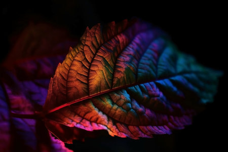 Close up of colorful leaf in the dark. Selective focus.の素材