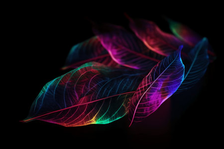 Neon leaves on a black background. 3d rendering, 3d illustration.の素材