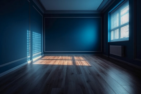 Empty blue room with window and wooden floor. 3D Renderingの素材