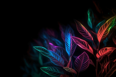 Colorful tropical leaves on black background. 3D rendering. Neon colorsの素材