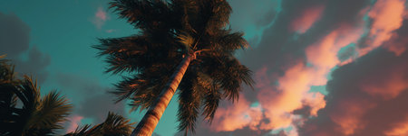 Palm tree at sunset. Panoramic view of palm trees at sunset.の素材